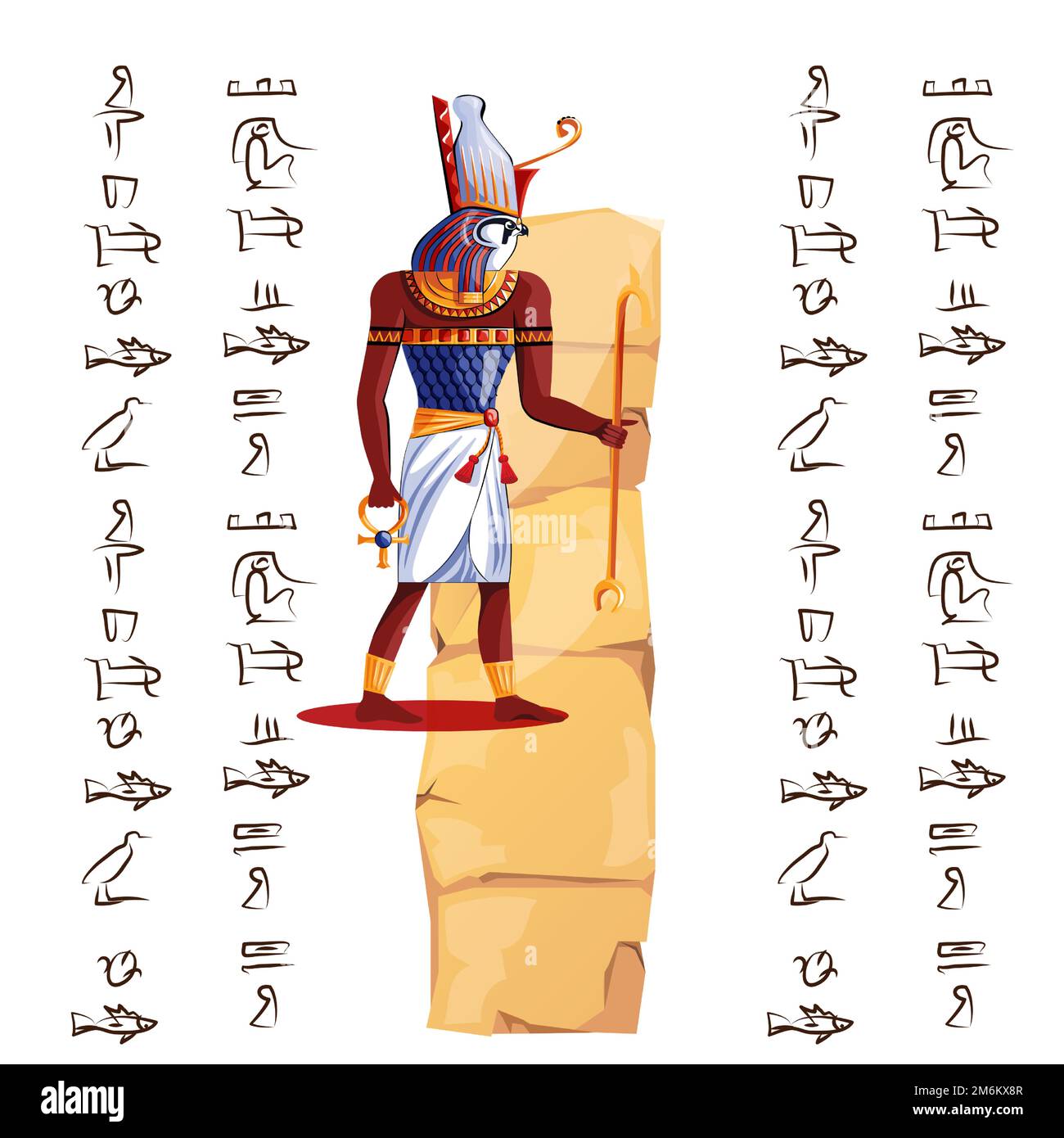 Altes ägyptisches Papyrus Teil oder Steinsäule mit heiligem Falken Kopf gott Cartoon Vektordarstellung. Ägyptisches Kultursymbol, unbeschriftetes, antikes Papier mit Hieroglyphen, isoliert auf Weiß Stock Vektor