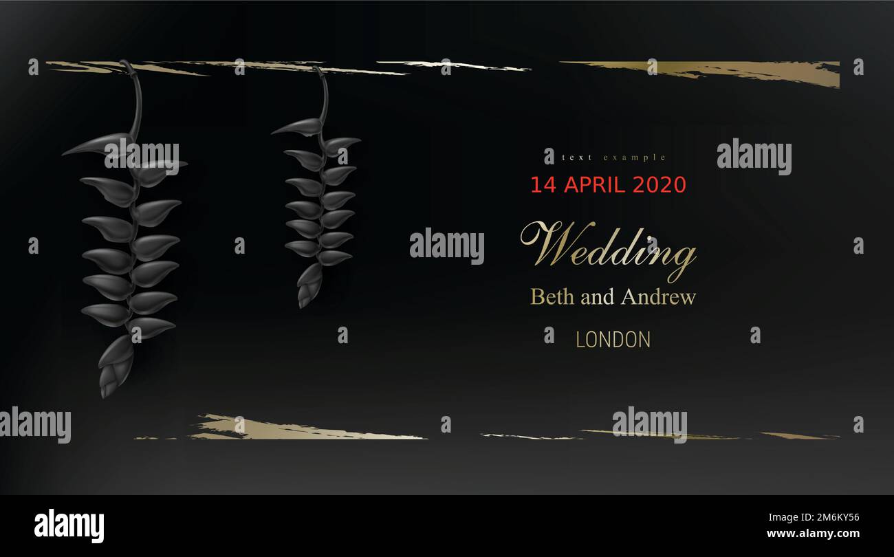 Tropische schwarze Helikoniepflanzen auf dunklem Vintage-Hintergrund-Vektor. Wunderschönes botanisches horizontales Design mit goldenem Lackabstrich und tropischer Dschungelblume. Hochzeitseinladungskarte, Feiertagsverkauf Stock Vektor