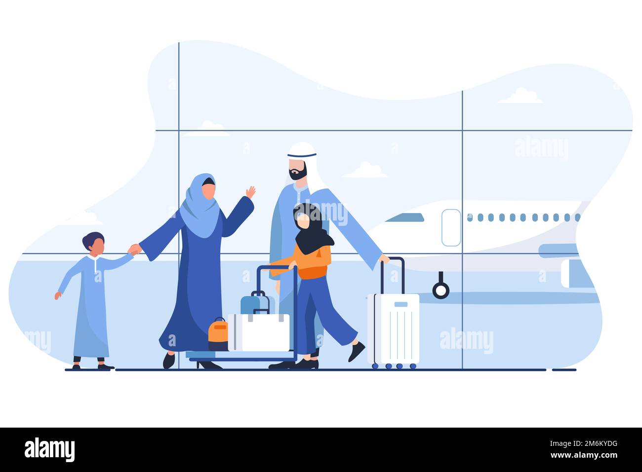 Arabischer Moslem glückliche Familie am Flughafen. Familienausflug oder Feier flacher Cartoon Vector Illustration. Kann am Wochenende für die Familie genutzt werden Stock Vektor