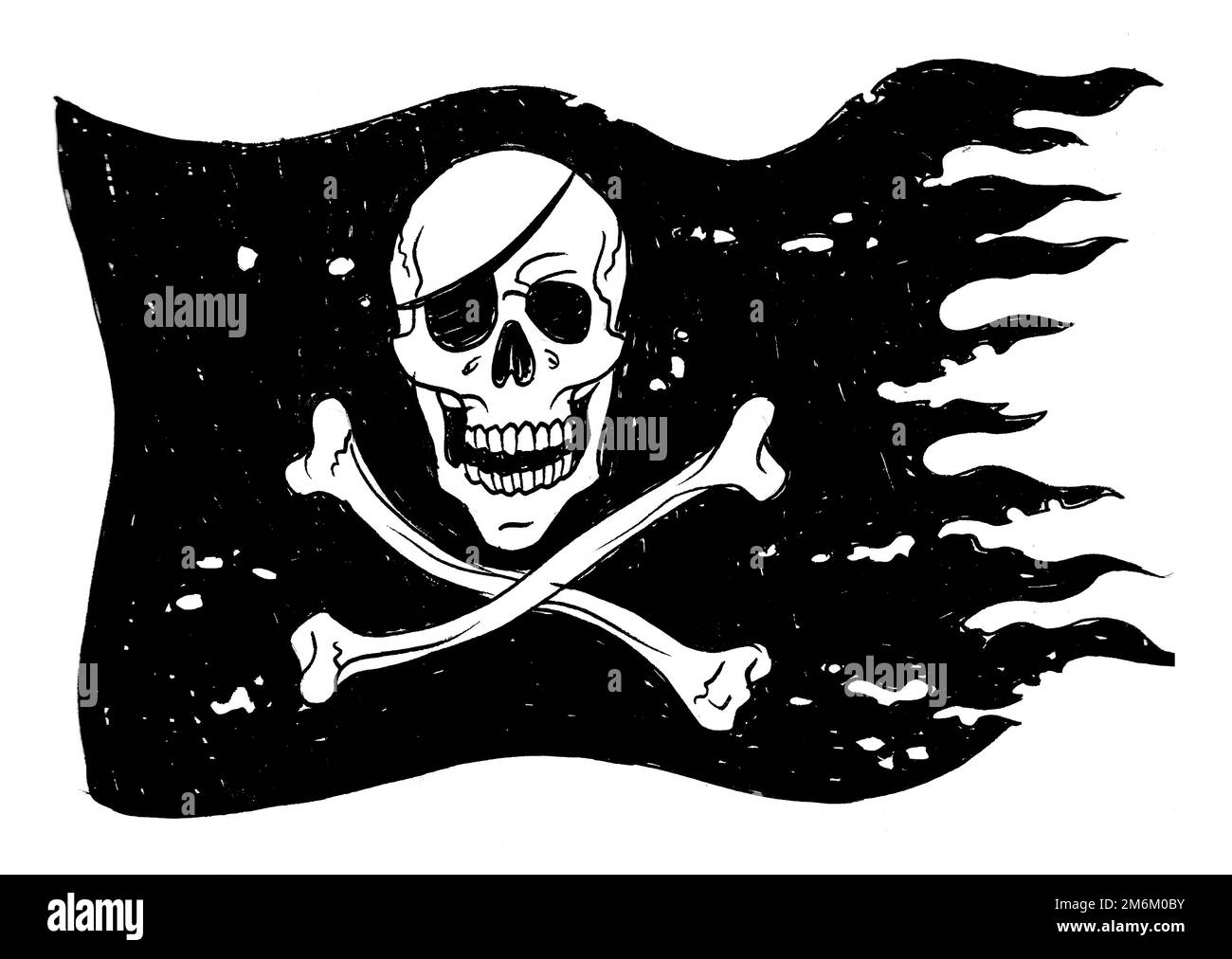 Piratenflagge mit Schädel und gekreuzten Knochen. Zeichnung in Schwarz-Weiß-Tinte Stockfoto