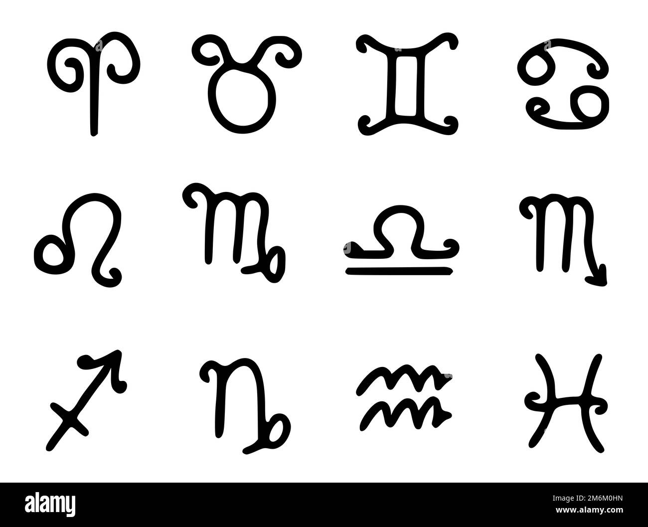 Vektor-Set von Tierkreiszeichen im Doodle-Stil isoliert auf weißem Hintergrund. Horoskop Symbole Clip Art. Stockfoto