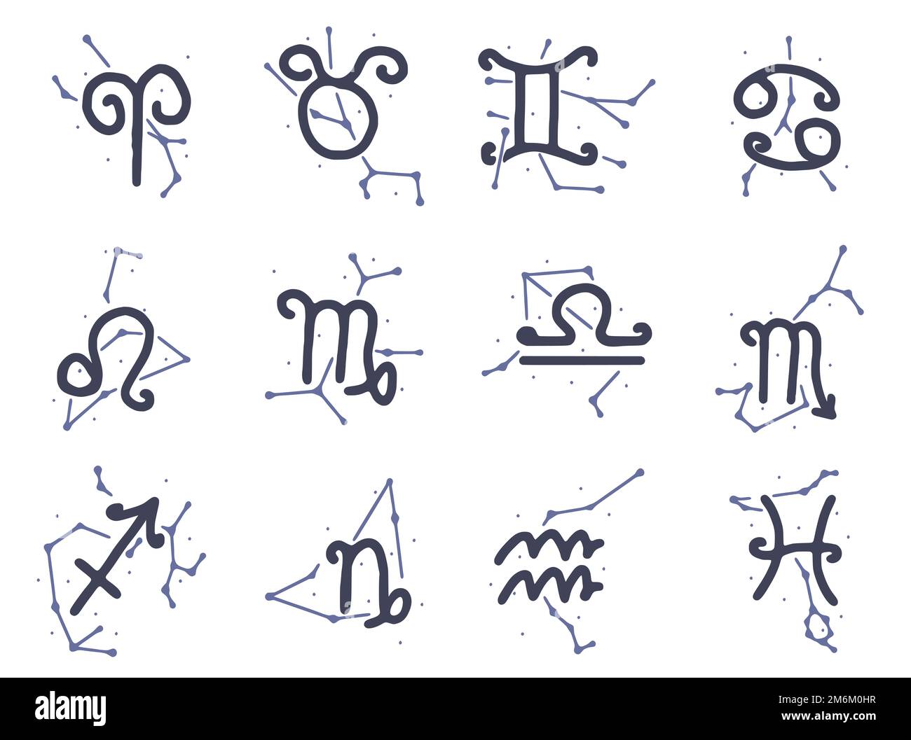 Vektor-Set von Tierkreiszeichen mit Sternbildern im Doodle-Stil isoliert auf weißem Hintergrund. Horoskop Symbole Clip Art. Stockfoto