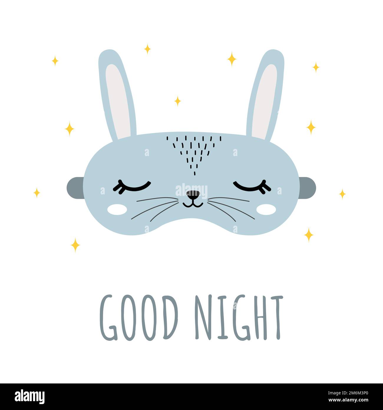 Schlafmaske mit niedlichem Kaninchen. Augenschutzzubehör mit Tier. Nachtwäsche zum Schlafen, Träumen und Entspannen. Gute Nacht. Komisches Pyjama-Element Stock Vektor