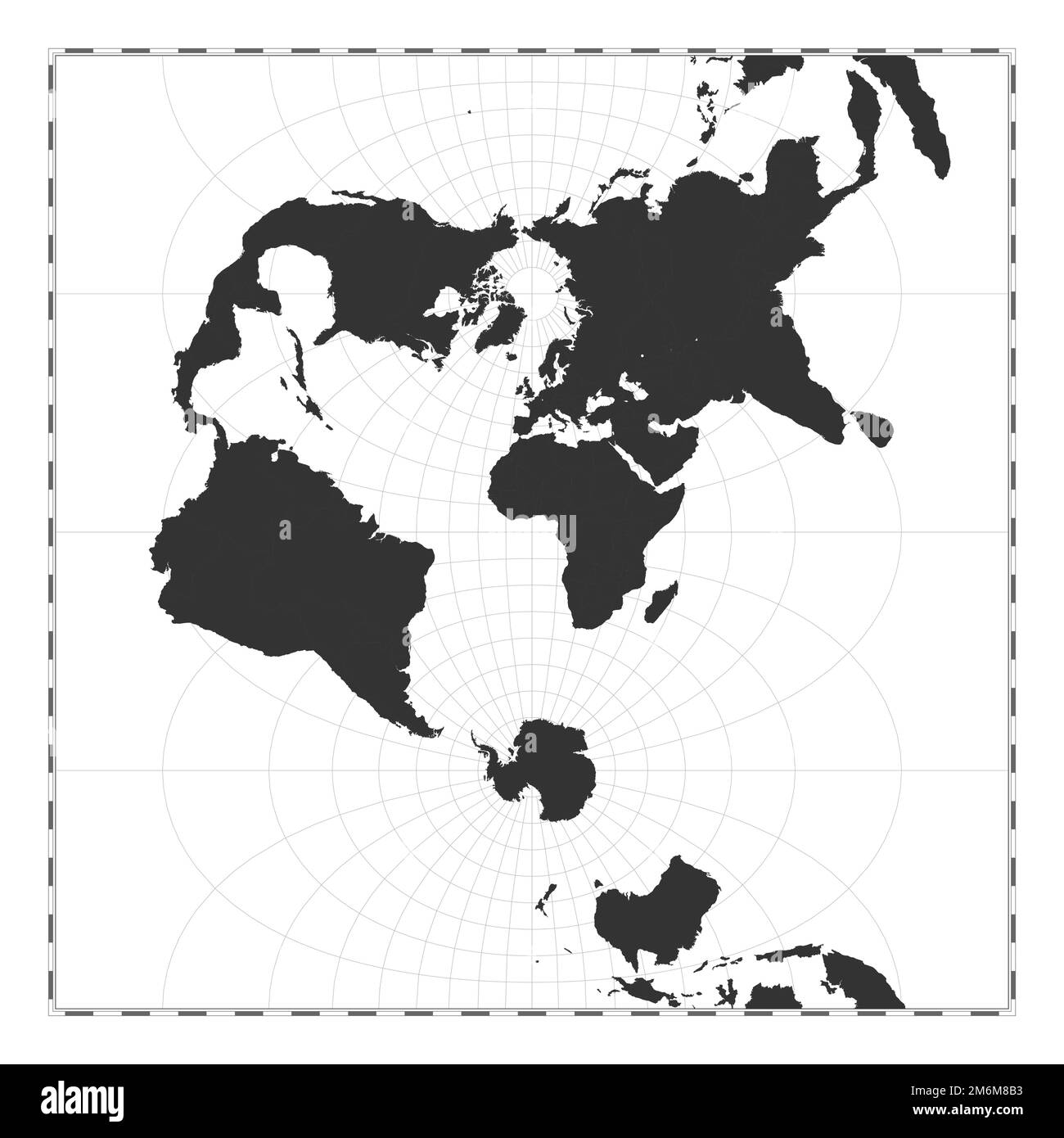 Vector-Weltkarte. Transversale sphärische Mercatorprojektion. Geografische Karte mit Breiten- und Längengraden. Zentriert auf 0deg Längengrad Stock Vektor