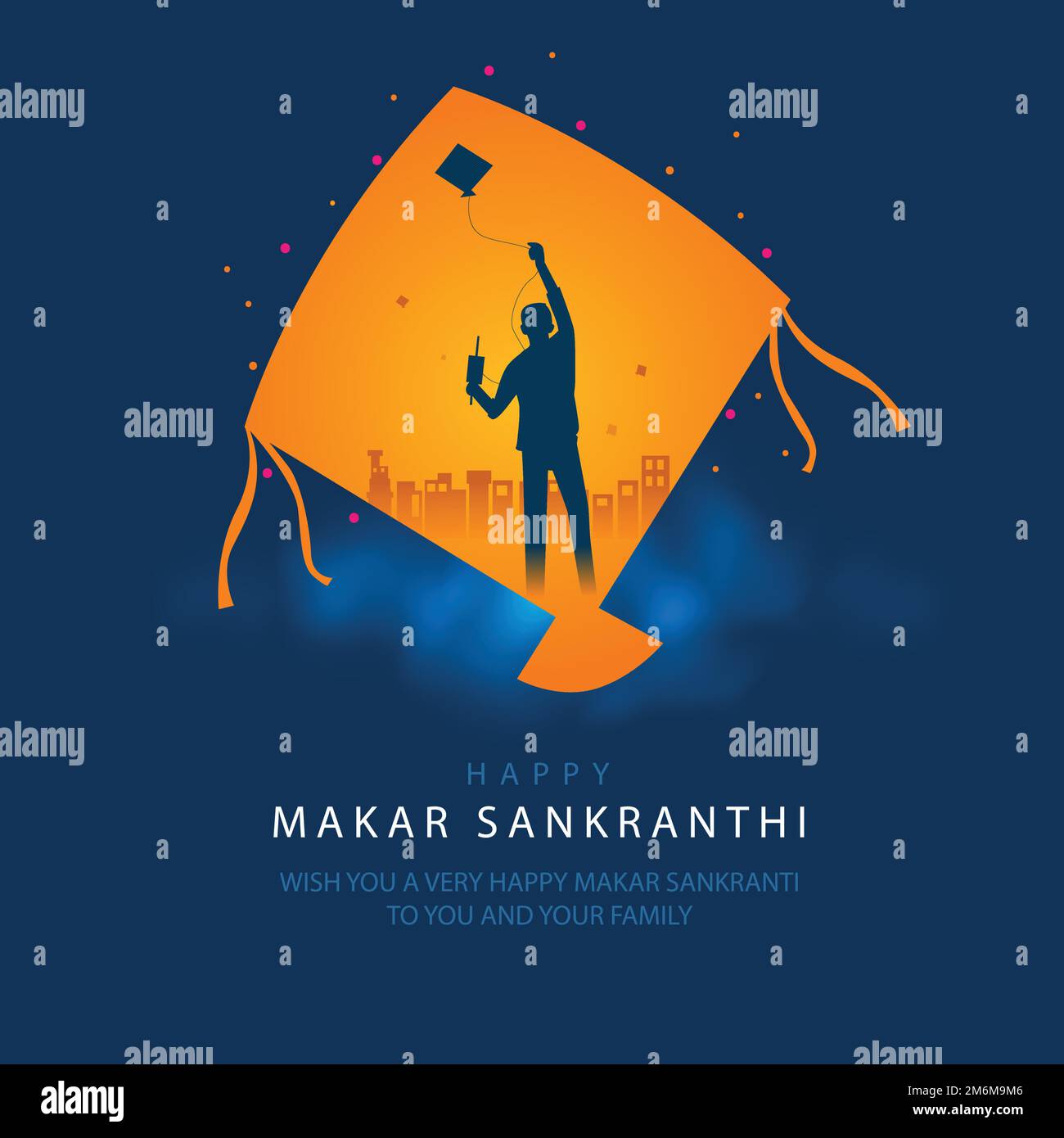 Indisches Festival Happy Makar Sankranti Posterdesign mit Drachen, die wolkigen Himmel fliegen. Abstraktes Vektordesign. Stock Vektor