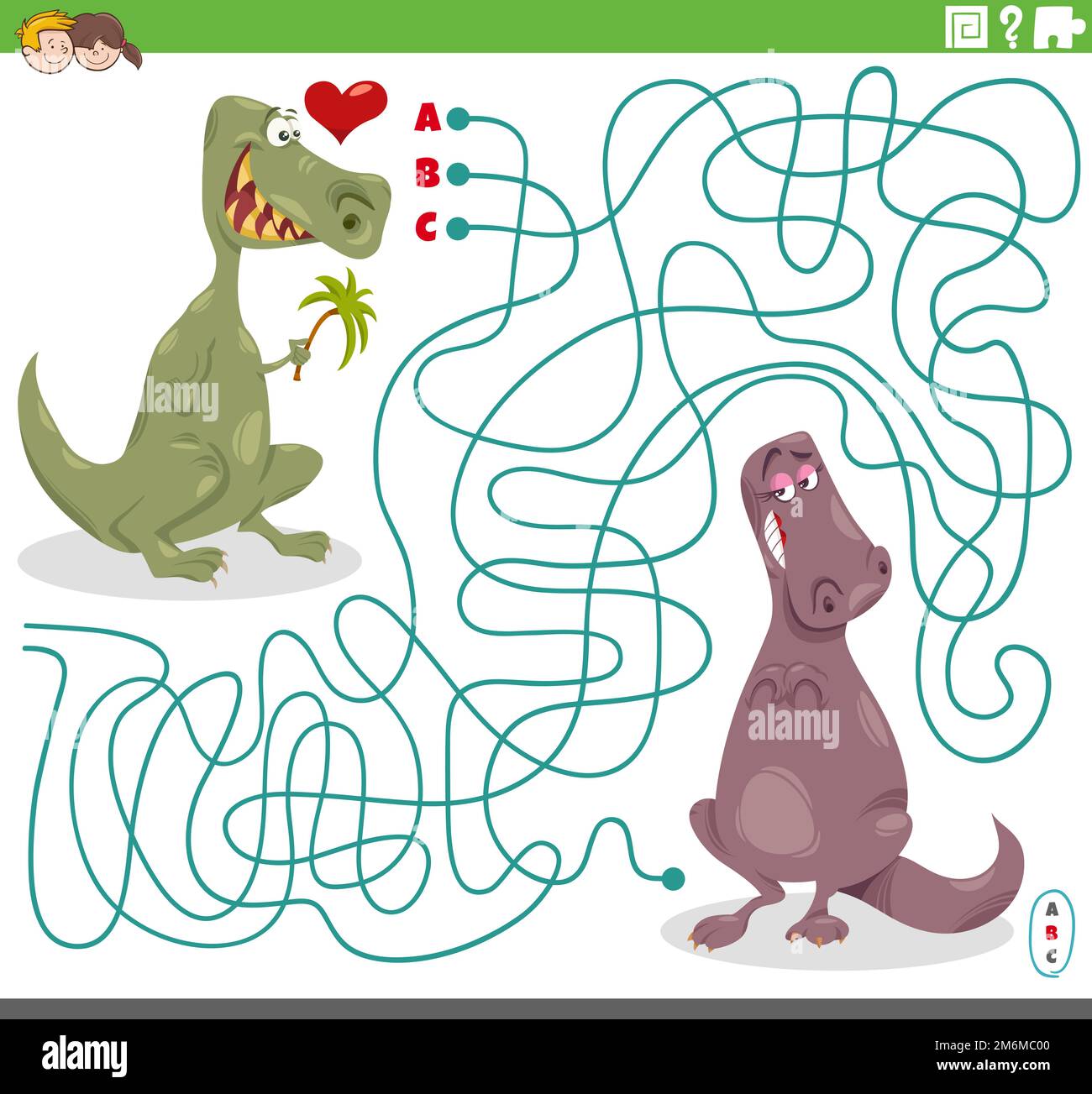 Labyrinth-Spiel mit verliebtem Cartoon-Esel-Dinosaurier Stockfoto