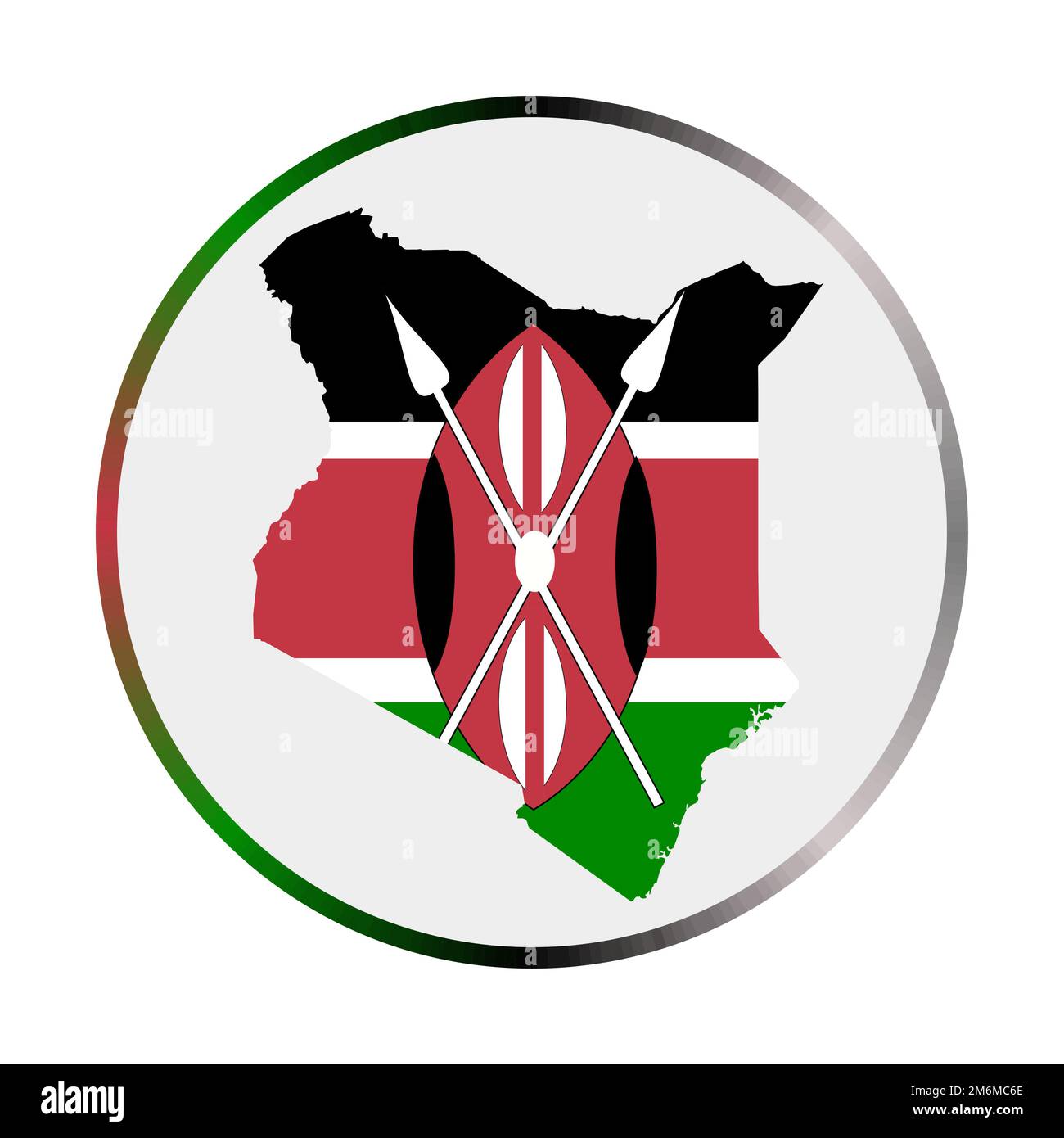 Kenia-Symbol. Form des Landes mit Kenia-Flagge. Rundes Schild mit Flaggenfarben Verlaufsring. Abbildung des Strahlungsvektors. Stock Vektor