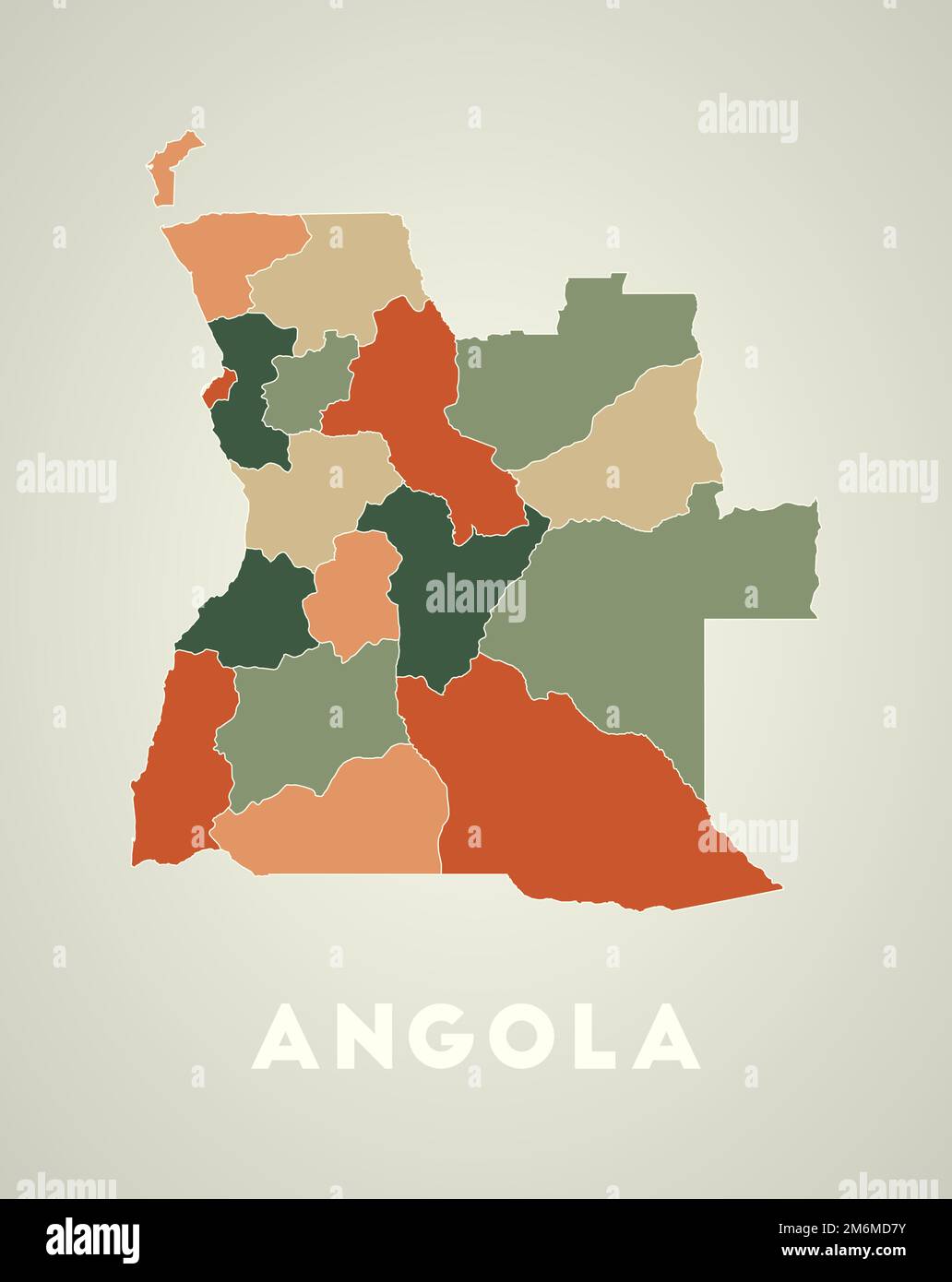 Angola-Poster im Retro-Stil. Landkarte mit Regionen in der Herbstfarbpalette. Form von Angola mit Ländername. Stock Vektor