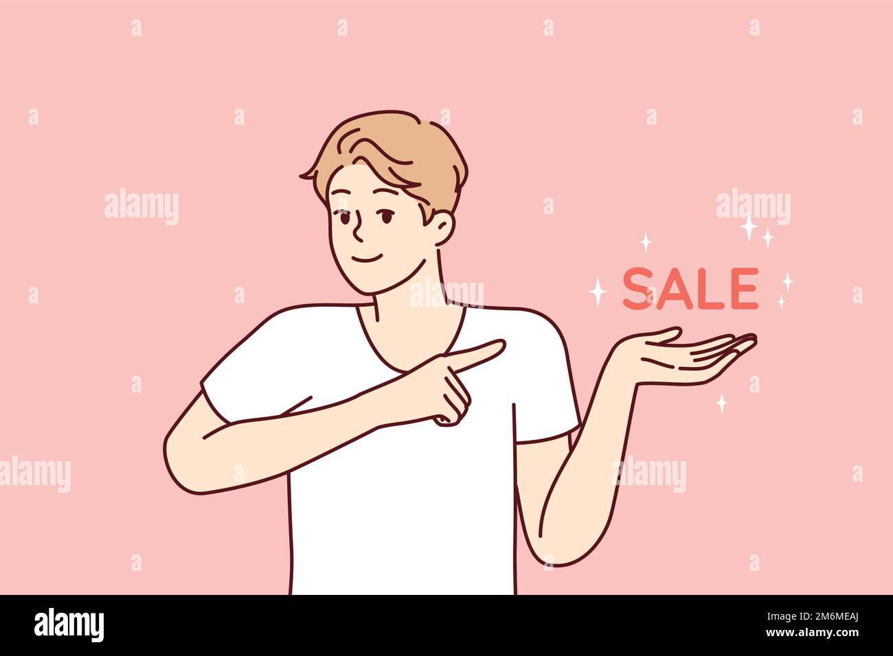 Positiver Mann, der mit dem Finger auf den Markenverkauf zeigt und zu profitablen Einkäufen im Supermarkt oder Online-Shop einlädt. Optimistischer Typ in lässigem T-Shirt für Marketingkampagne. Flaches Vektordesign Stock Vektor
