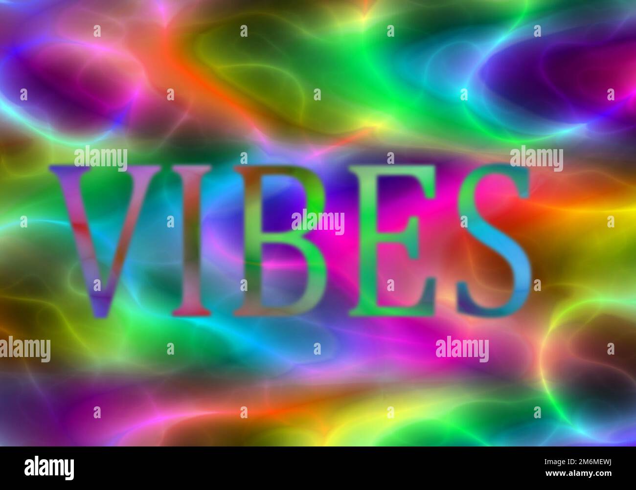 Vibes Text auf psychedelischem Hintergrund mit Wellen von Pastellfarben in 60s Farben Stockfoto