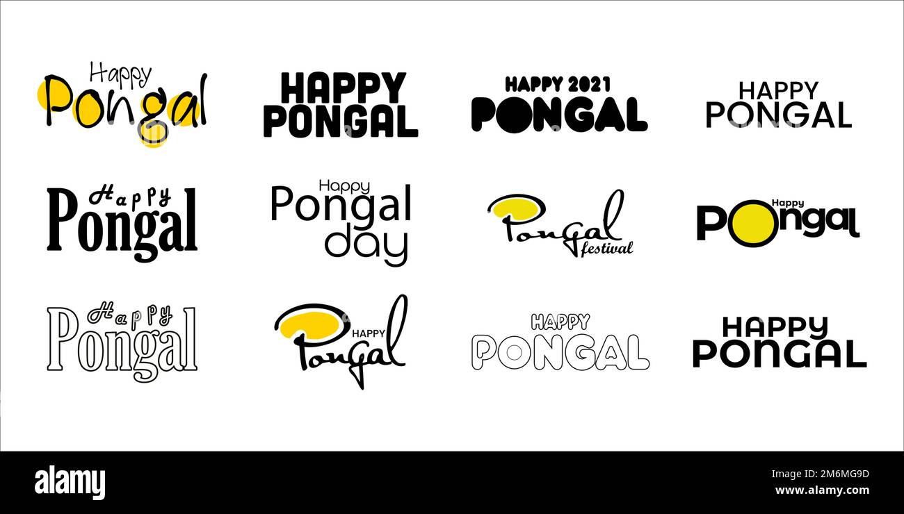 Frohes Pongal Typografie-Set. Vektorlogo, Embleme, Textdesign. Geeignet für Banner, Poster, Grußkarten, Geschenke usw. Stock Vektor