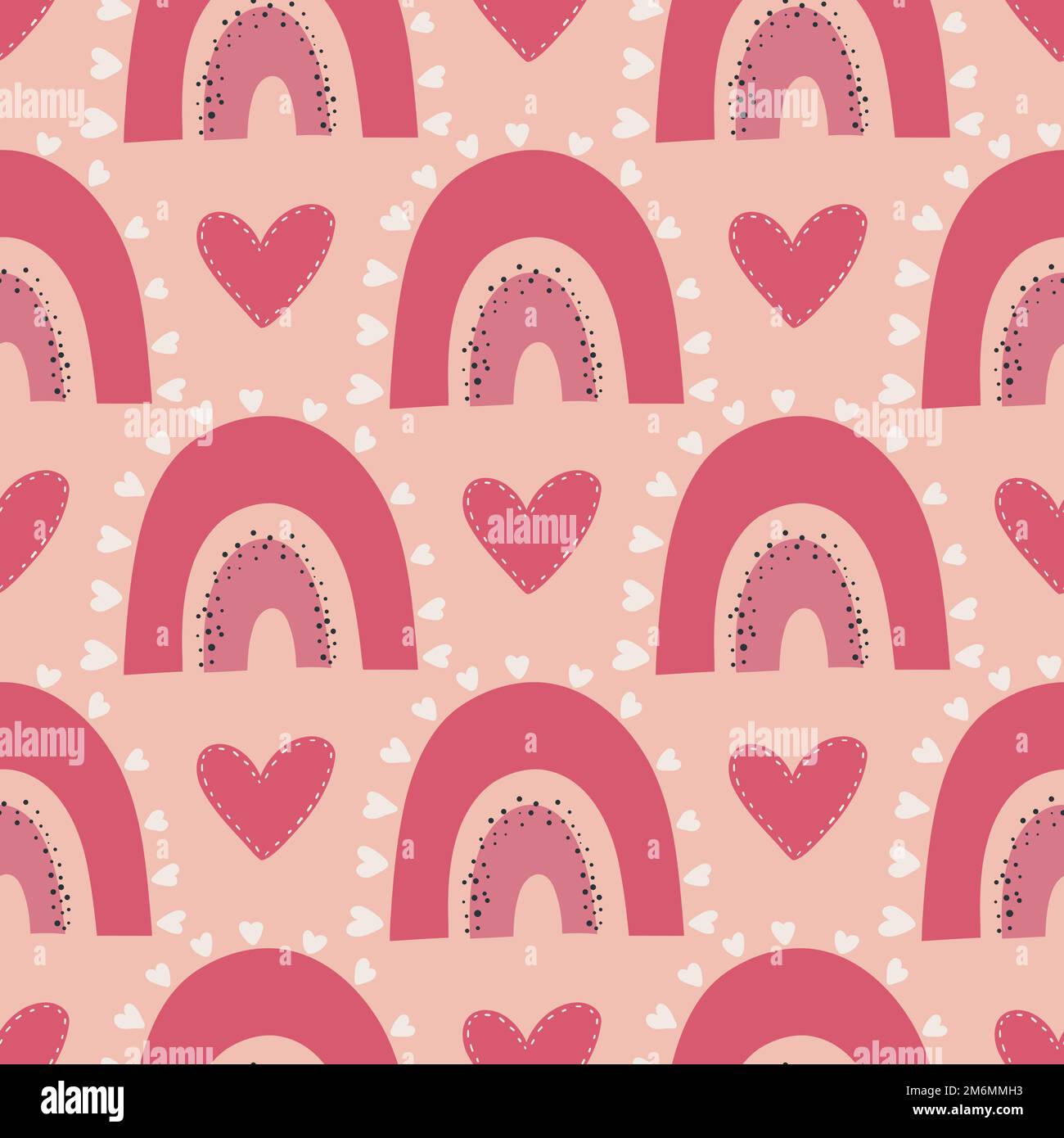 Nahtloses Muster mit roten Herzen, Liebeserklärungen und Regenbögen. Hintergrund zum Valentinstag mit Symbolen von Liebe, Romantik und Leidenschaft. Stock Vektor