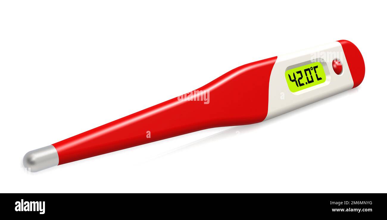 Rotes digitales Medizinthermometer mit Fiebertemperatur Stockfoto