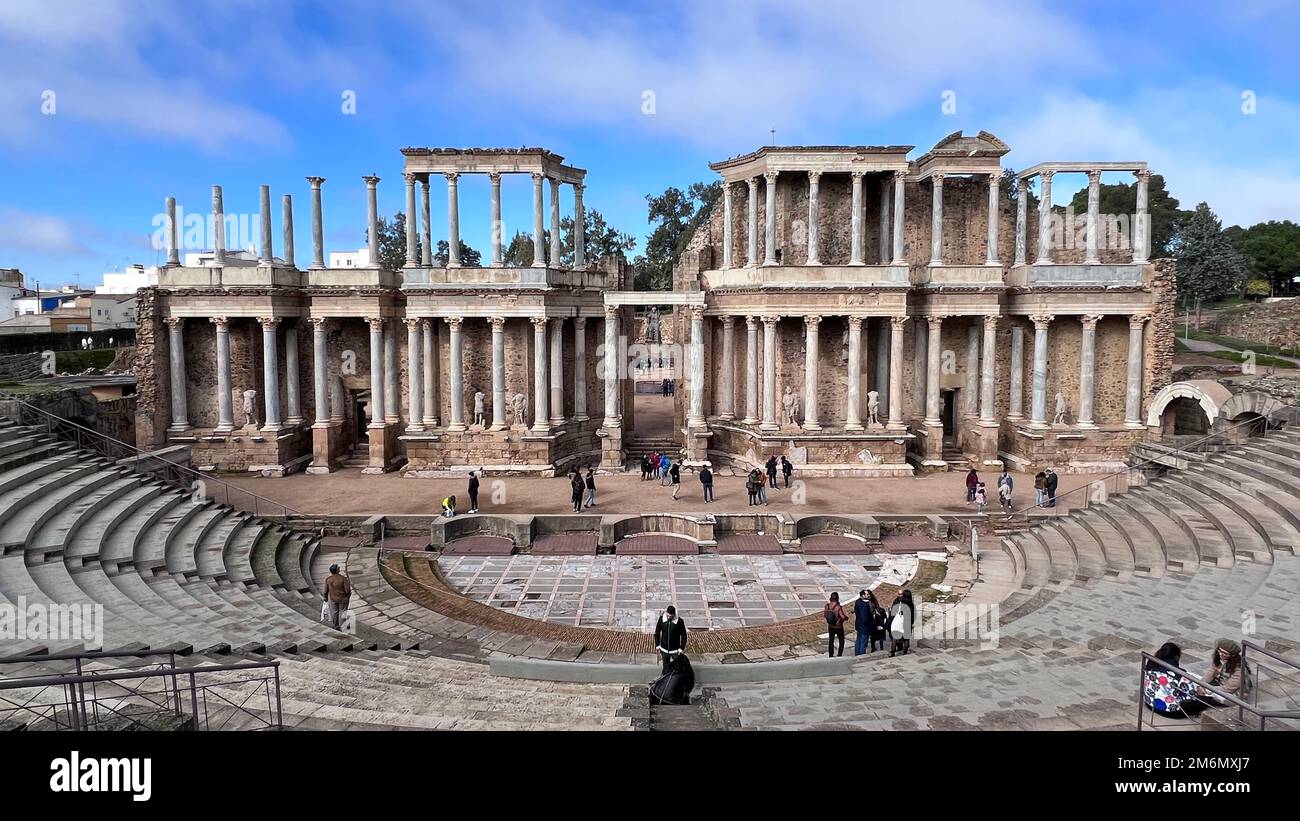 Bühne und Stände des römischen Theaters von Merida Stockfoto