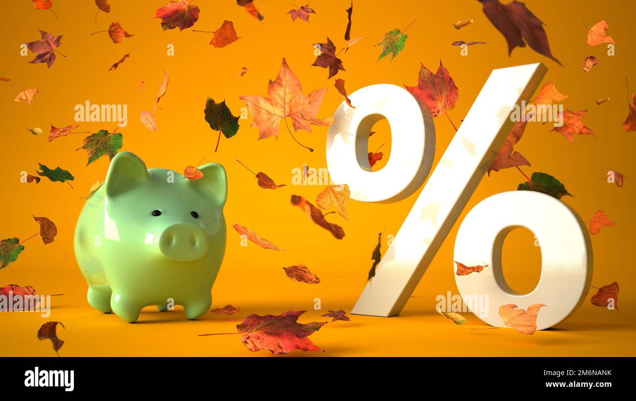 Sparschwein mit weißem Prozent in den Herbstblättern Stockfoto