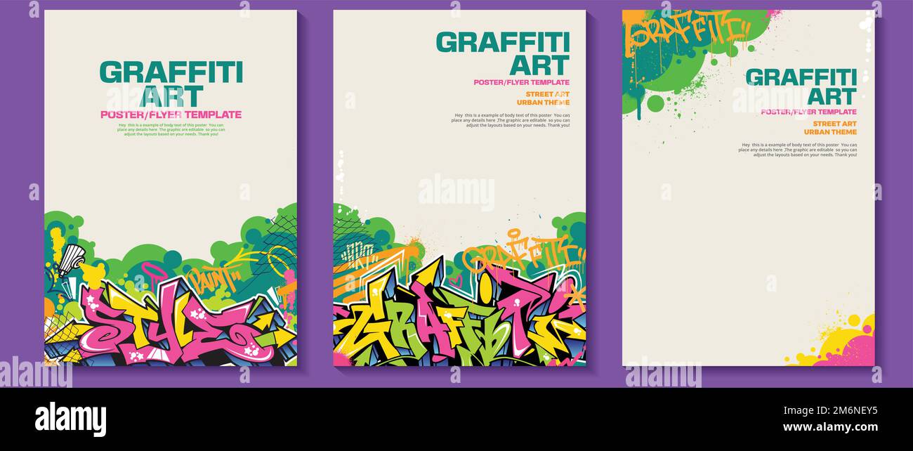 Modernes Graffiti-Poster- oder Flyer-Design mit bunten Anhängern, kotzen. Handgezeichneter abstrakter Graffiti-Illustrationsvektor im Street Art-Thema Stock Vektor