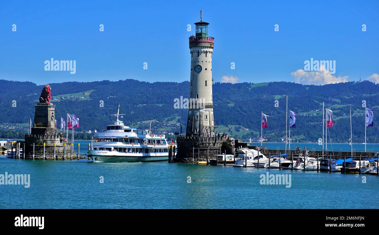 Hafeneingang von Lindau am Bodensee, Bayern, Deutschland Stockfoto