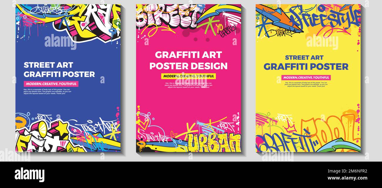 Modernes Graffiti-Poster- oder Flyer-Design mit bunten Anhängern, kotzen. Handgezeichneter abstrakter Graffiti-Illustrationsvektor im Street Art-Thema Stock Vektor