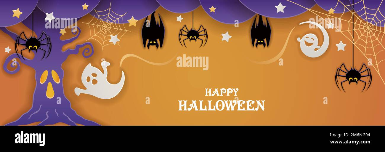 Happy Halloween Vector Background Illustration with A Haunted Tree, Ghosts, Fledermäuse, and Spiders. Stock Vektor