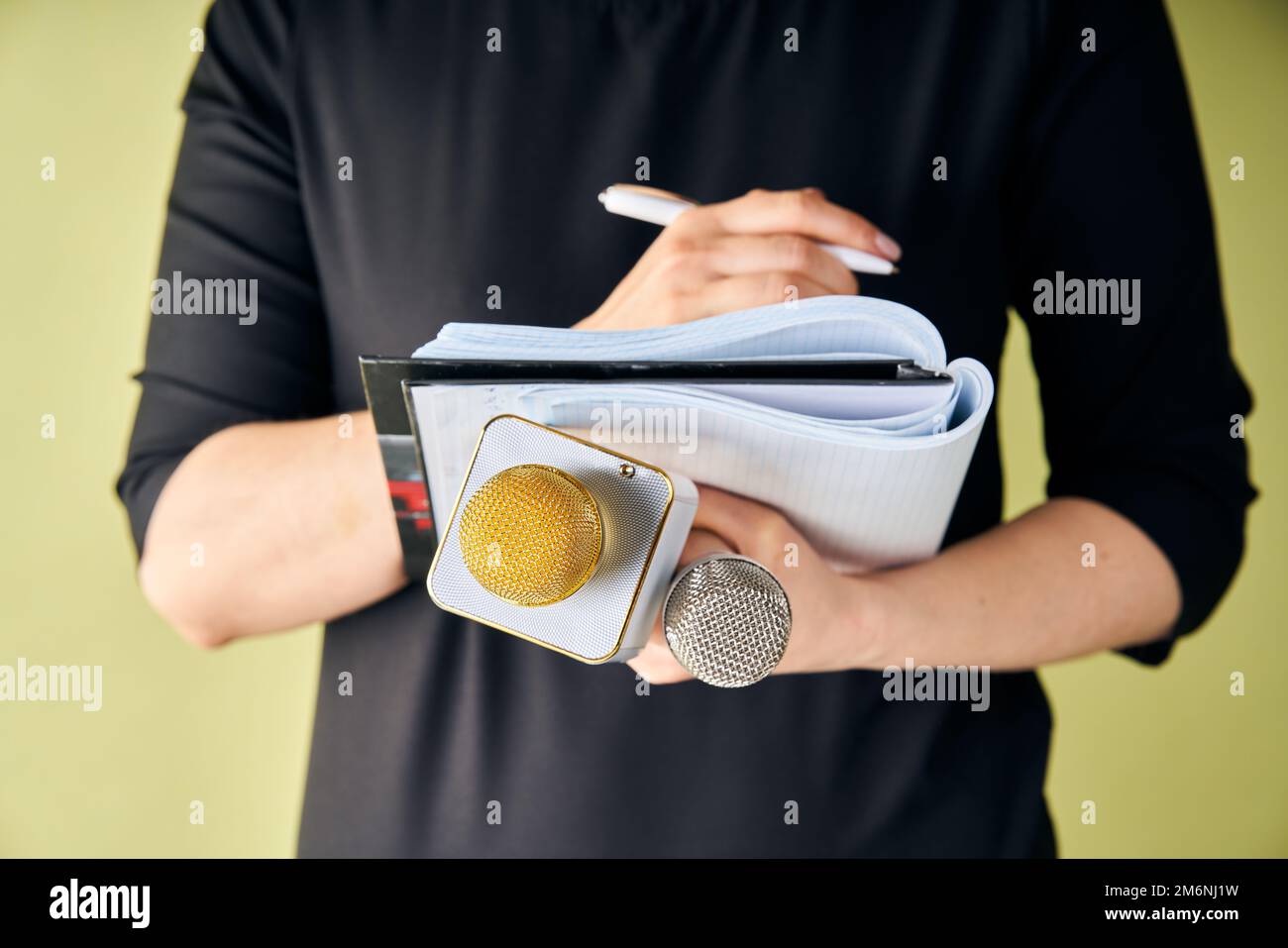Journalistin auf der Pressekonferenz, schreibt Notizen und hält Mikrofon Stockfoto