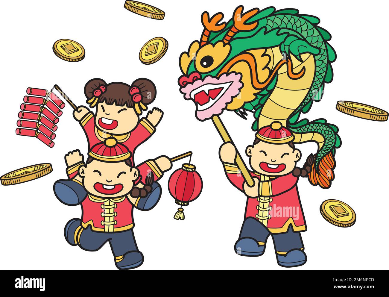 Handgezeichnete chinesische Kinder tanzen Drachen und haben Spaß Illustration isoliert im Hintergrund Stock Vektor