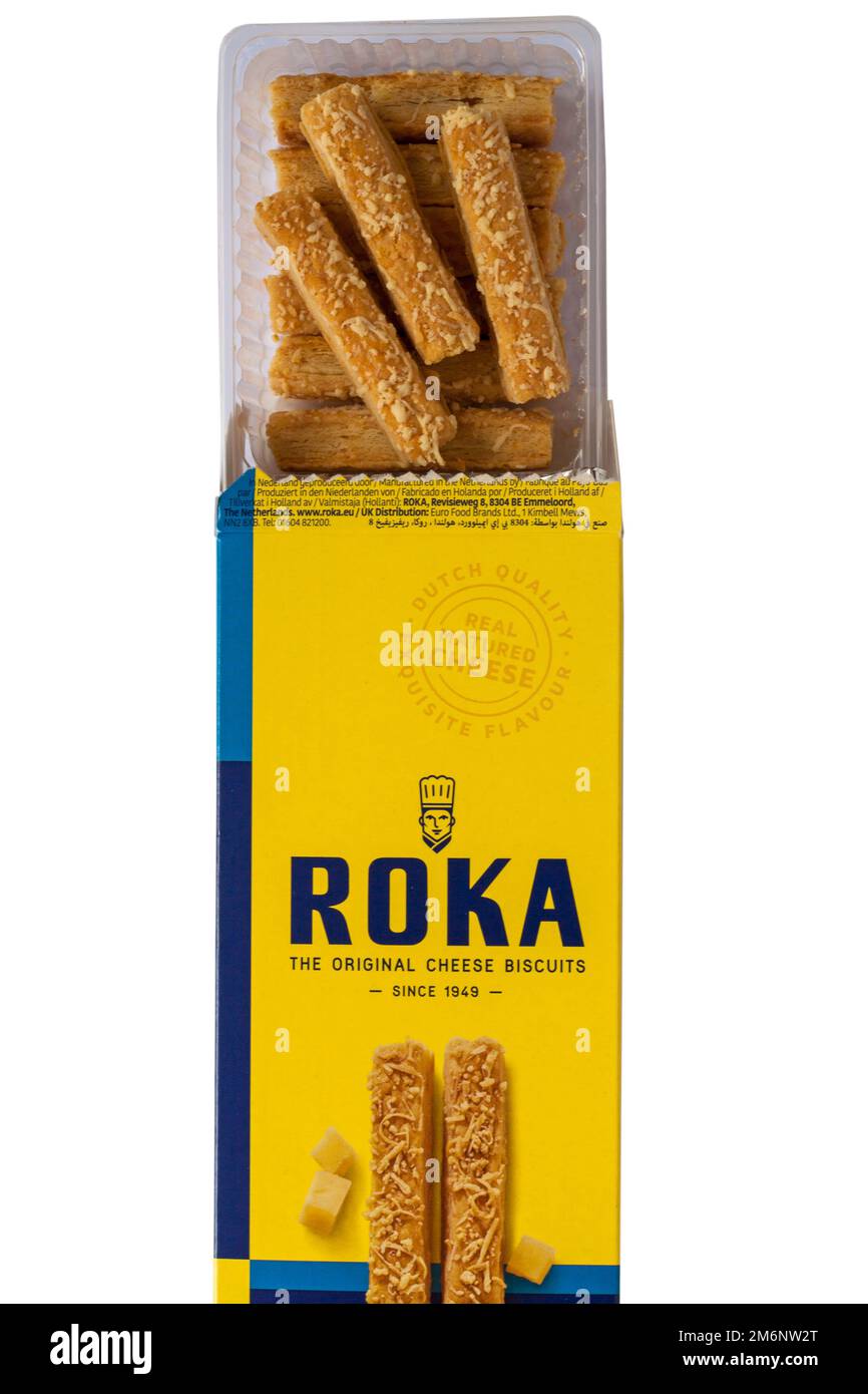 Schachtel mit Roka Gouda-Käsesticks die ursprünglichen Käsekekse wurden ...