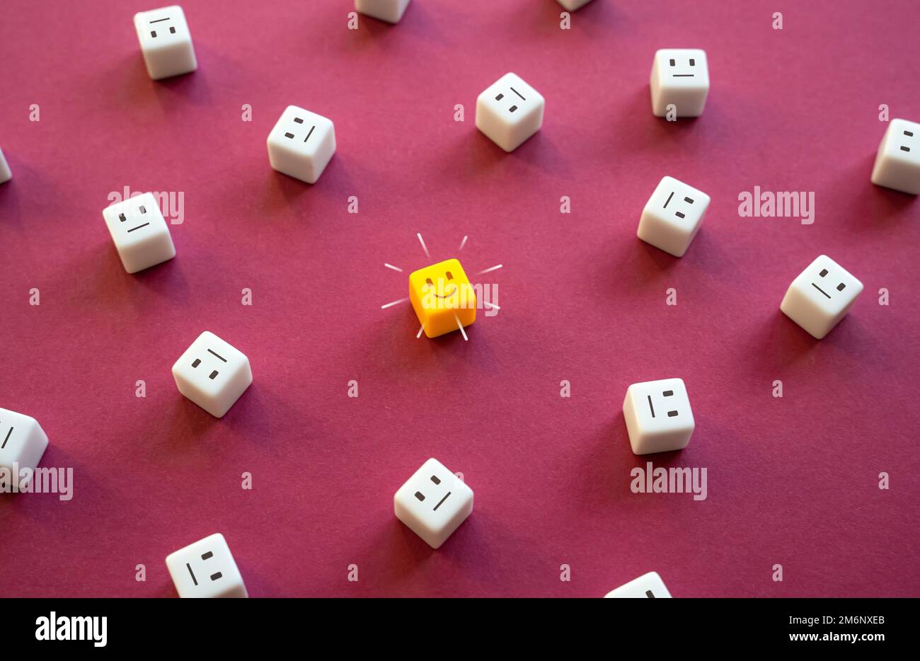 Eine dieser Art. Informationsentgiftung. Inspiration und Optimismus. Gute Laune. Feedback. Emotionen und Freude, zufrieden mit dem Service. Zufrieden Stellen Stockfoto