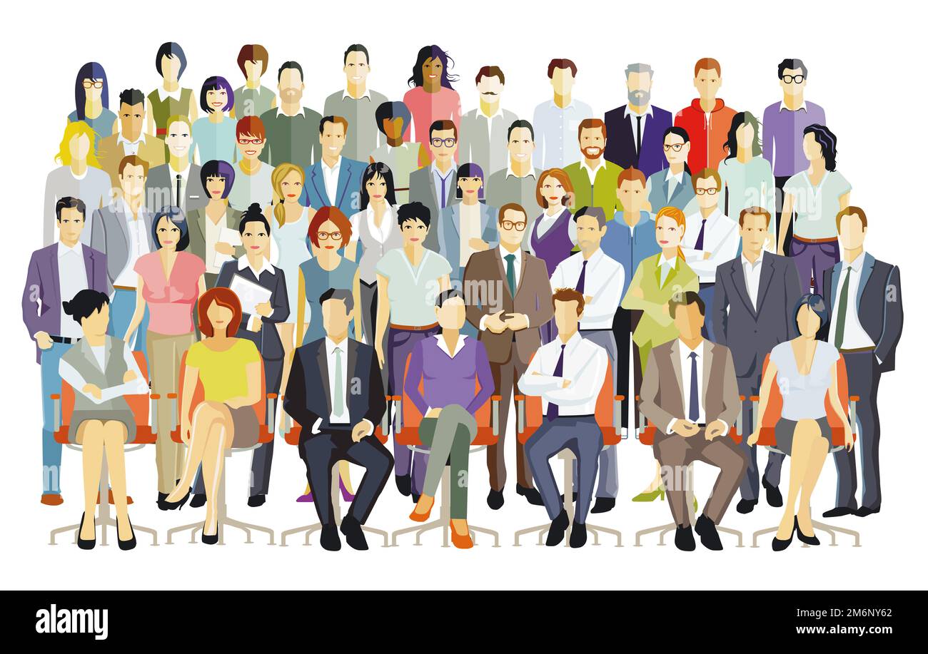 Eine große Gruppe von Geschäftsleuten zusammen, isoliert auf weißem Hintergrund. Illustration Stockfoto