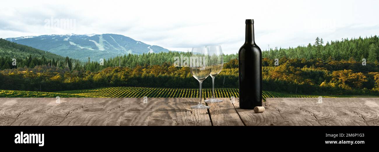 Eine Flasche und zwei Gläser köstlicher Weißwein stehen auf einem Holztisch. Wunderschöne Felder, Wälder und Berglandschaft im Sommer Stockfoto