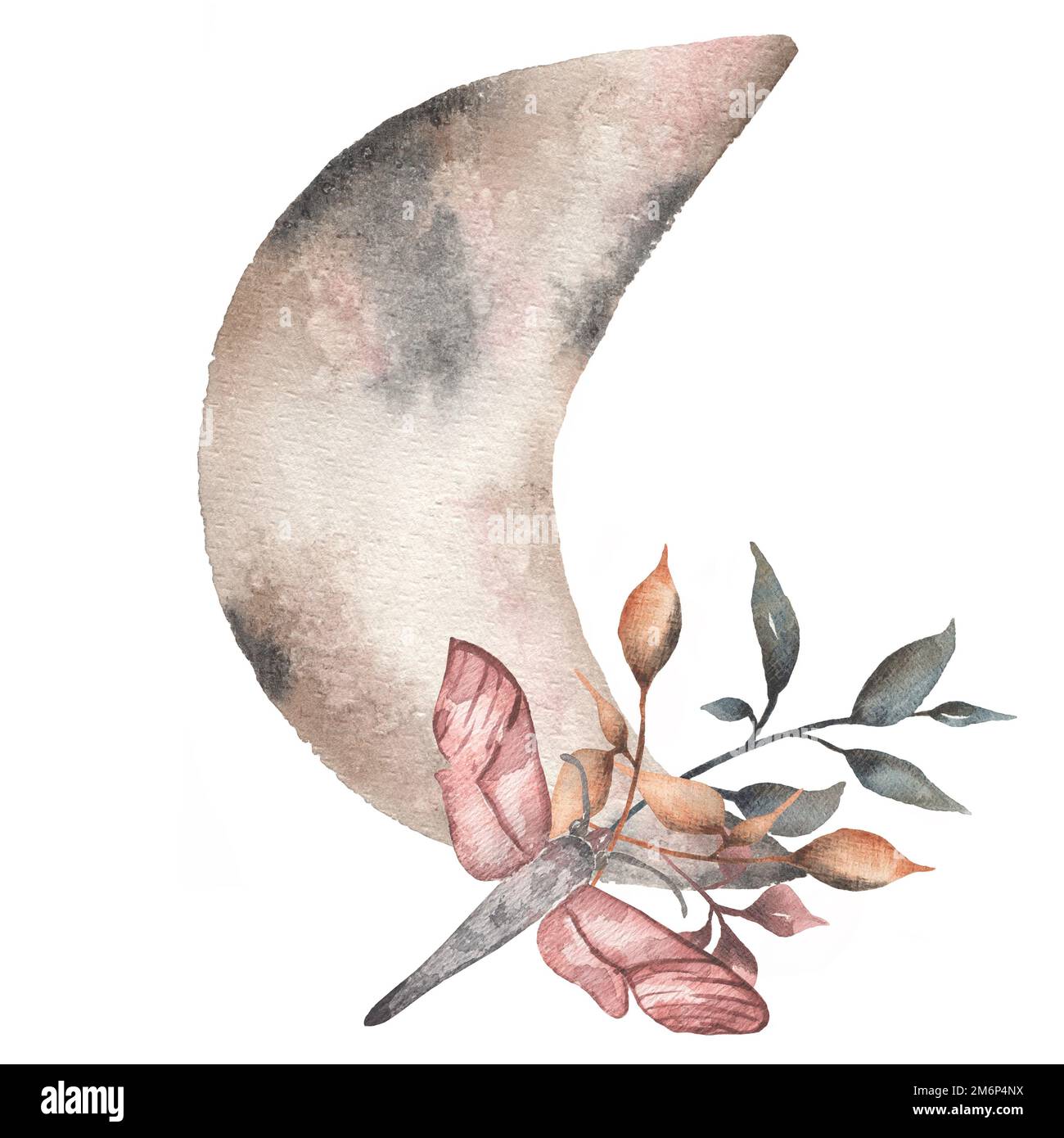 Aquarell schöne sichelförmige Illustration mit Blättern und Motten. Mond, Blumenstrauß und Motte. Zeitgenössische Kunst in sanften, neutralen, trendigen Farben. Stockfoto