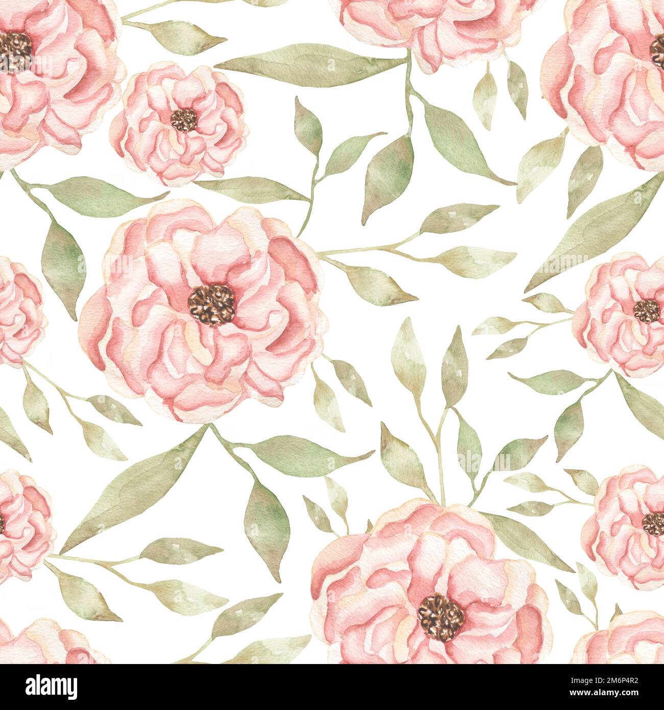 Wasserfarbener, handgezeichneter nahtloser Pfingstgarten mit Zweigmuster in weichen, neutralen Farben. Wunderschöne Mädchen Blumen Rosen Pfingstrosen Hintergrund, beige Stockfoto