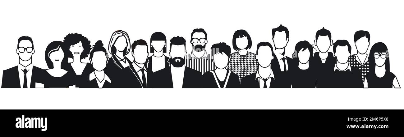 Personengruppe Porträt, schwarz weiße Gesichter auf weißem Hintergrund. Illustration Stockfoto