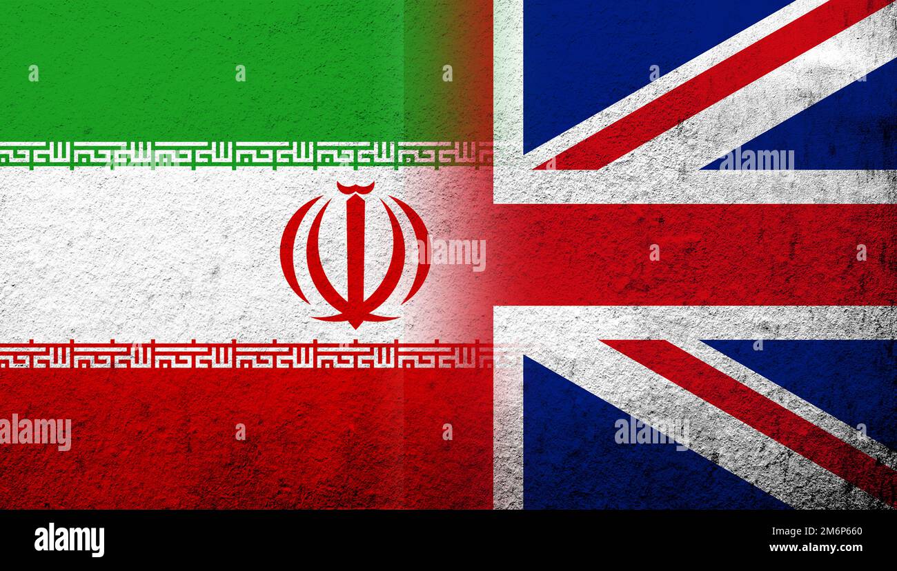 Nationale Flagge des Vereinigten Königreichs (Großbritannien) Union Jack mit der Islamischen Republik Iran (Persien) Nationale Flagge. Grunze zurück Stockfoto