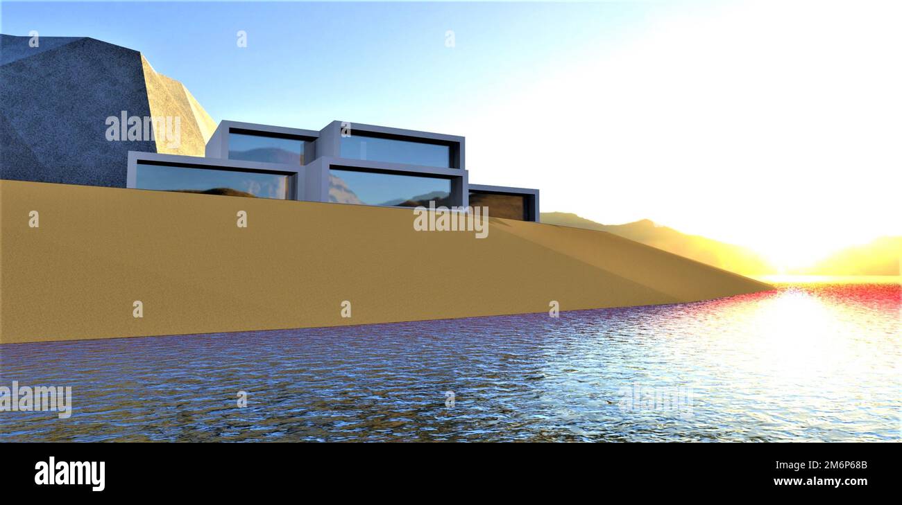 Eine exklusive Villa im kubistischen Stil, erbaut auf einer abgelegenen felsigen Insel im Pazifischen Ozean während eines atemberaubenden Sonnenaufgangs. 3D-Rendering. Stockfoto