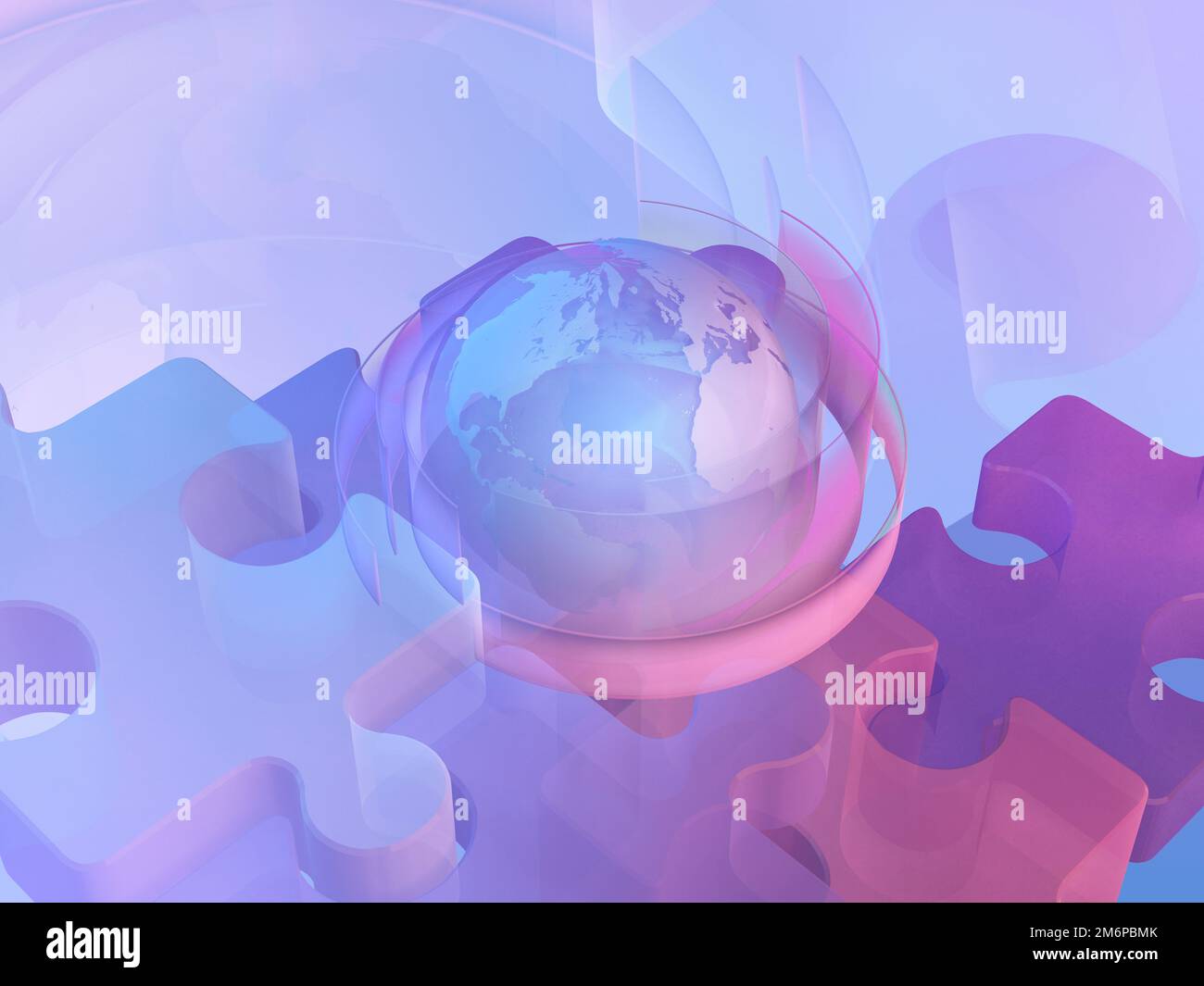 Landing-Page-Vorlage für Geschäftsdatenanalyse, Finanzen, Bankwesen, Management-App, Consulting, Soziale Medien, Marketing. Erdkugel, Puzzleteile. 3 Stockfoto