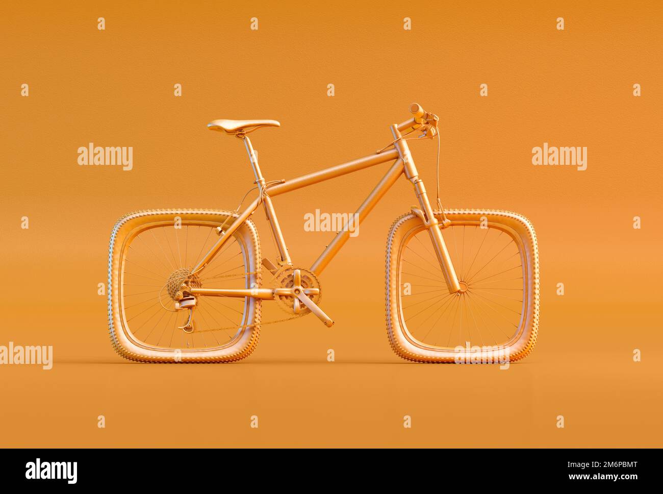 Fahrrad mit quadratischen Rädern isoliert auf orangefarbenem Hintergrund. Problemlösung, Kreativität, komplizierte Lösung, Unternehmenseffizienz, Komplexität, Schwierigkeiten, Stockfoto