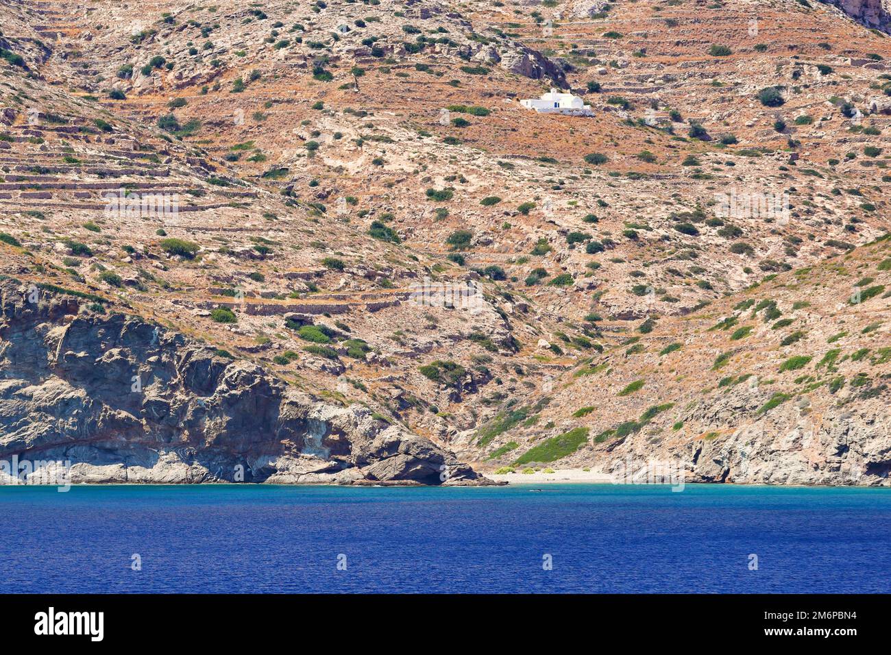 Der Strand Agios Panteleimonas auf der Insel Sikinos, Griechenland Stockfoto