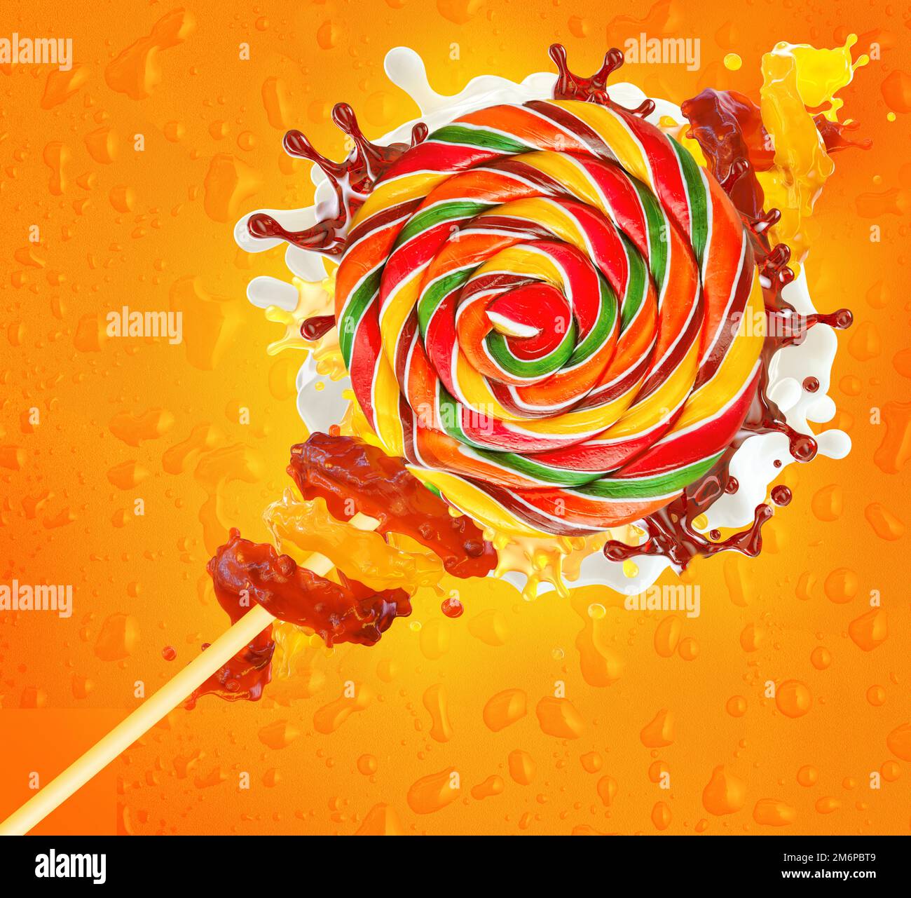 Großer süßer Regenbogenlutscher, rote, gelbe, grüne Spiralen, Fruchtsäfte, 3D flüssige Spritzer. Fruchtsaft Süßigkeiten Konfektion Design und s Stockfoto Großer süßer Regenbogenlutscher, rote, gelbe, grüne Spiralen, Fruchtsäfte, 3D flüssige Spritzer. Fruchtsaft Süßigkeiten Konfektion Design und s Stockfoto
