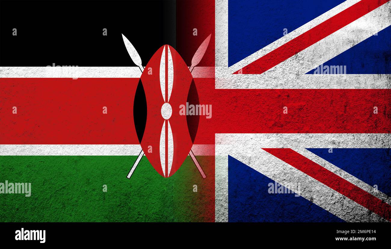 Nationalflagge des Vereinigten Königreichs (Großbritannien) Union Jack mit der Republik Kenia Nationalflagge. Grungen Hintergrund Stockfoto