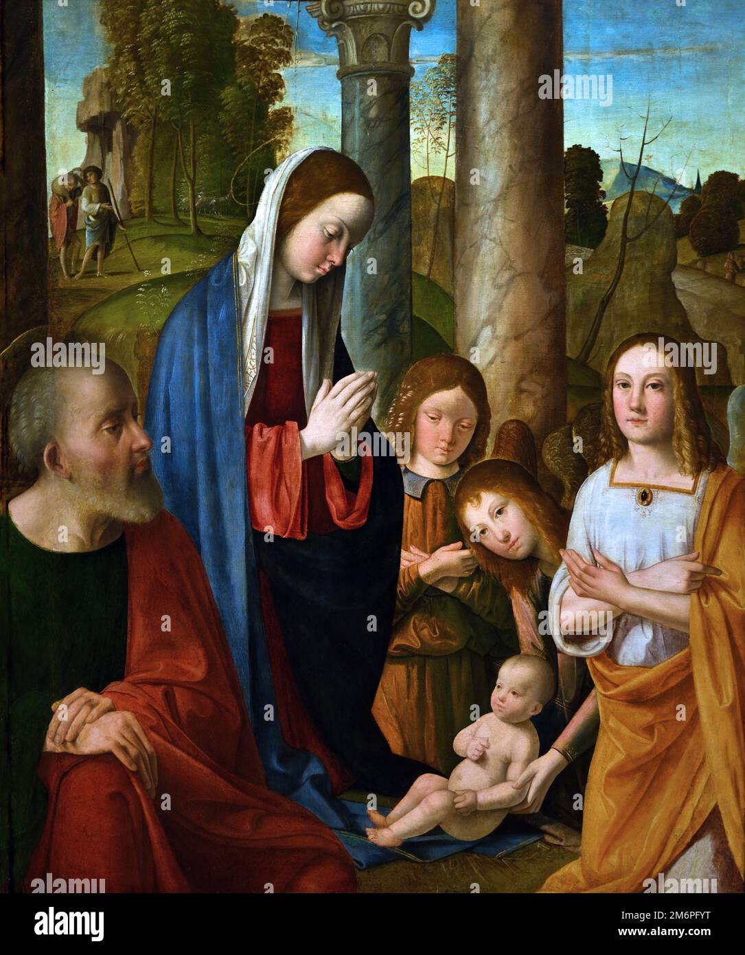 Die Geburt Christi von Marco Palmezzano, Italienisch, 1460–1539, Italien, Geburt, bezieht sich auf die Geburt Jesu, Die zentrale Figur der Religion des Christentums, feiert die Geburt während Weihnachten, Stockfoto