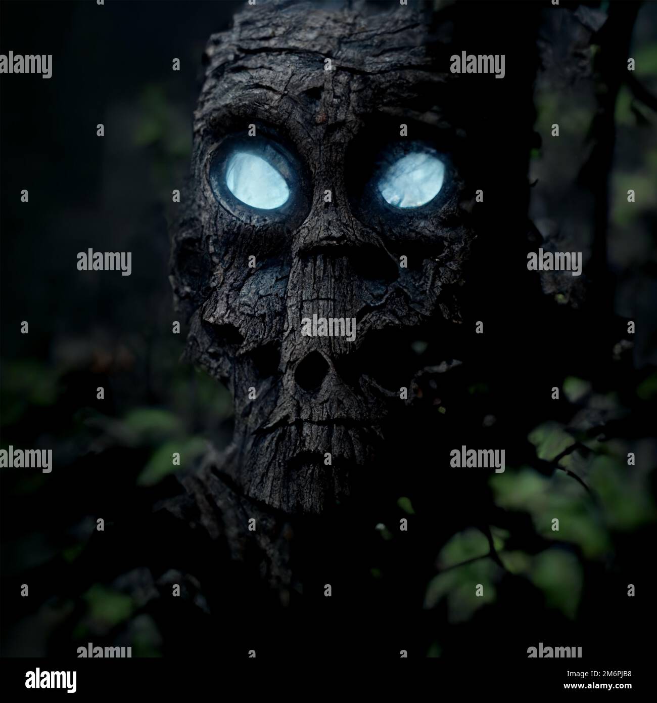 Gruseliges Monster im dunklen Wald, digitale Kunst an Halloween Stockfoto