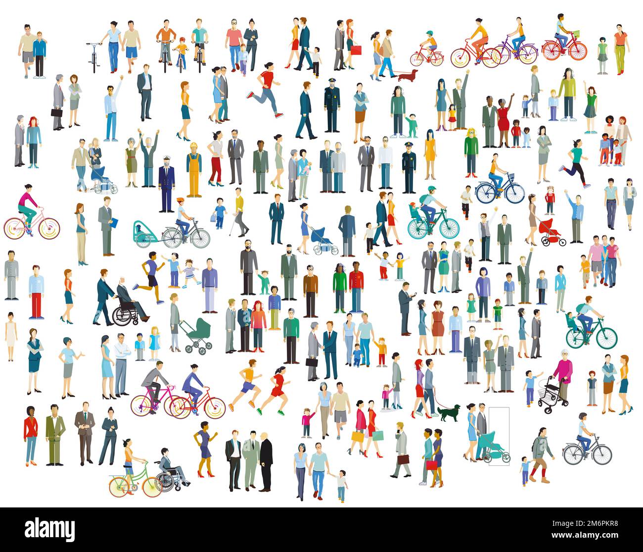 Große Gruppe von Menschen und Familien auf weißem Hintergrund. Illustration Stockfoto
