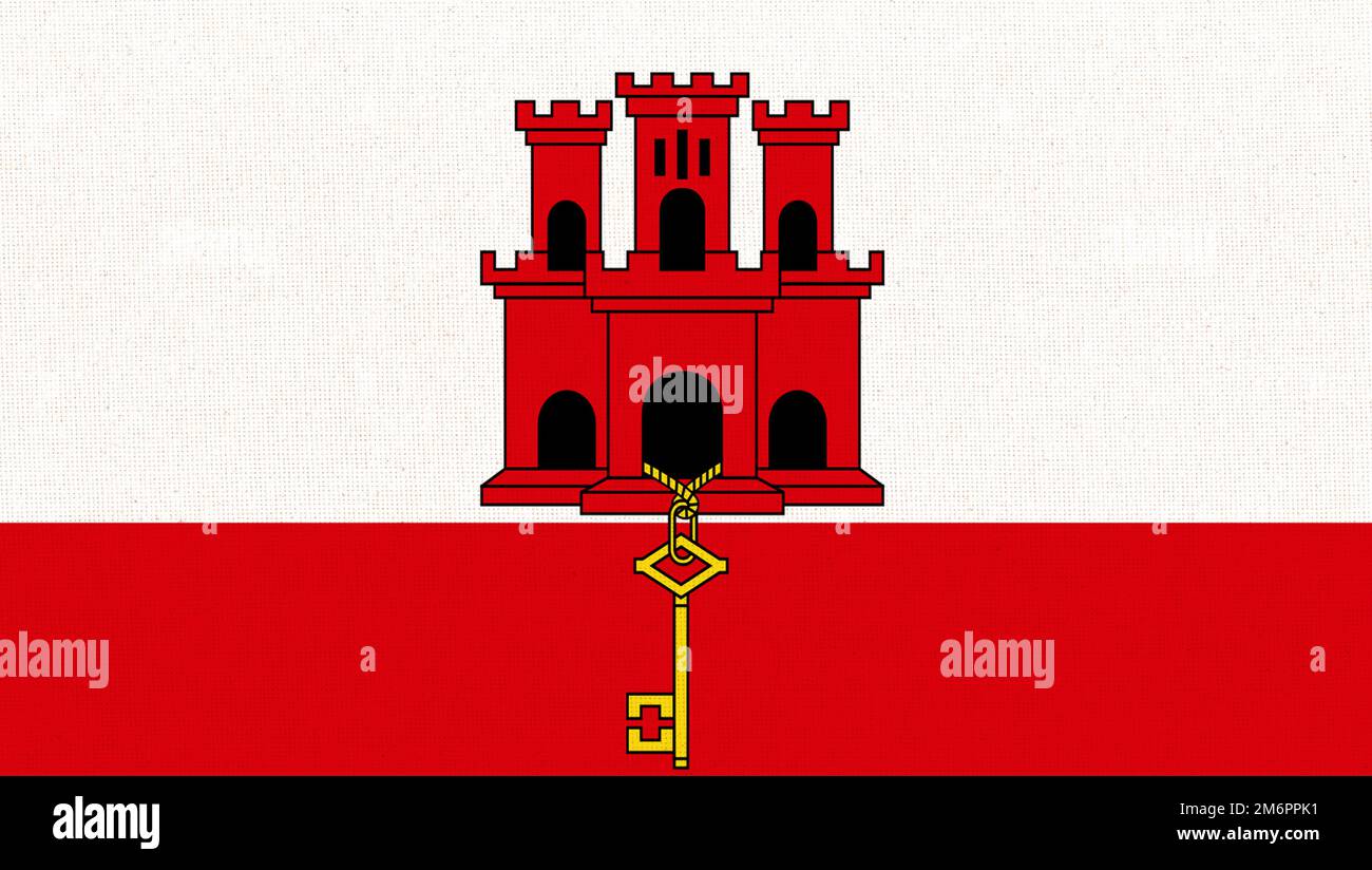 Flagge von Gibraltar. Flagge eines europäischen Landes auf der Gewebeoberfläche. Stoffstruktur Stockfoto