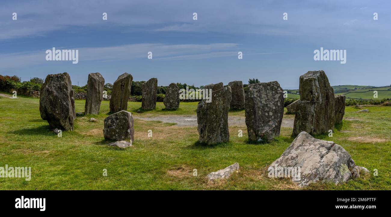 Ein Panoramablick auf den Drombeg Stone Circle in der Grafschaft Cork in Irland Stockfoto