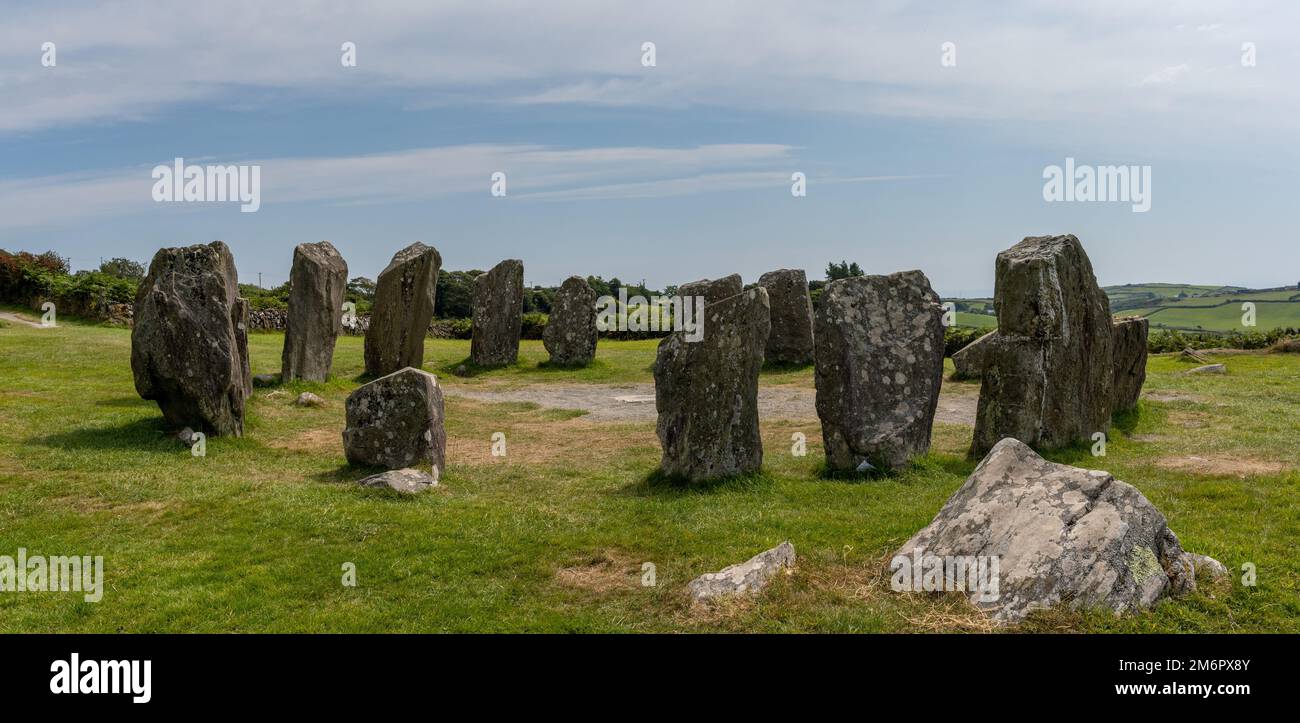 Ein Panoramablick auf den Drombeg Stone Circle in der Grafschaft Cork in Irland Stockfoto