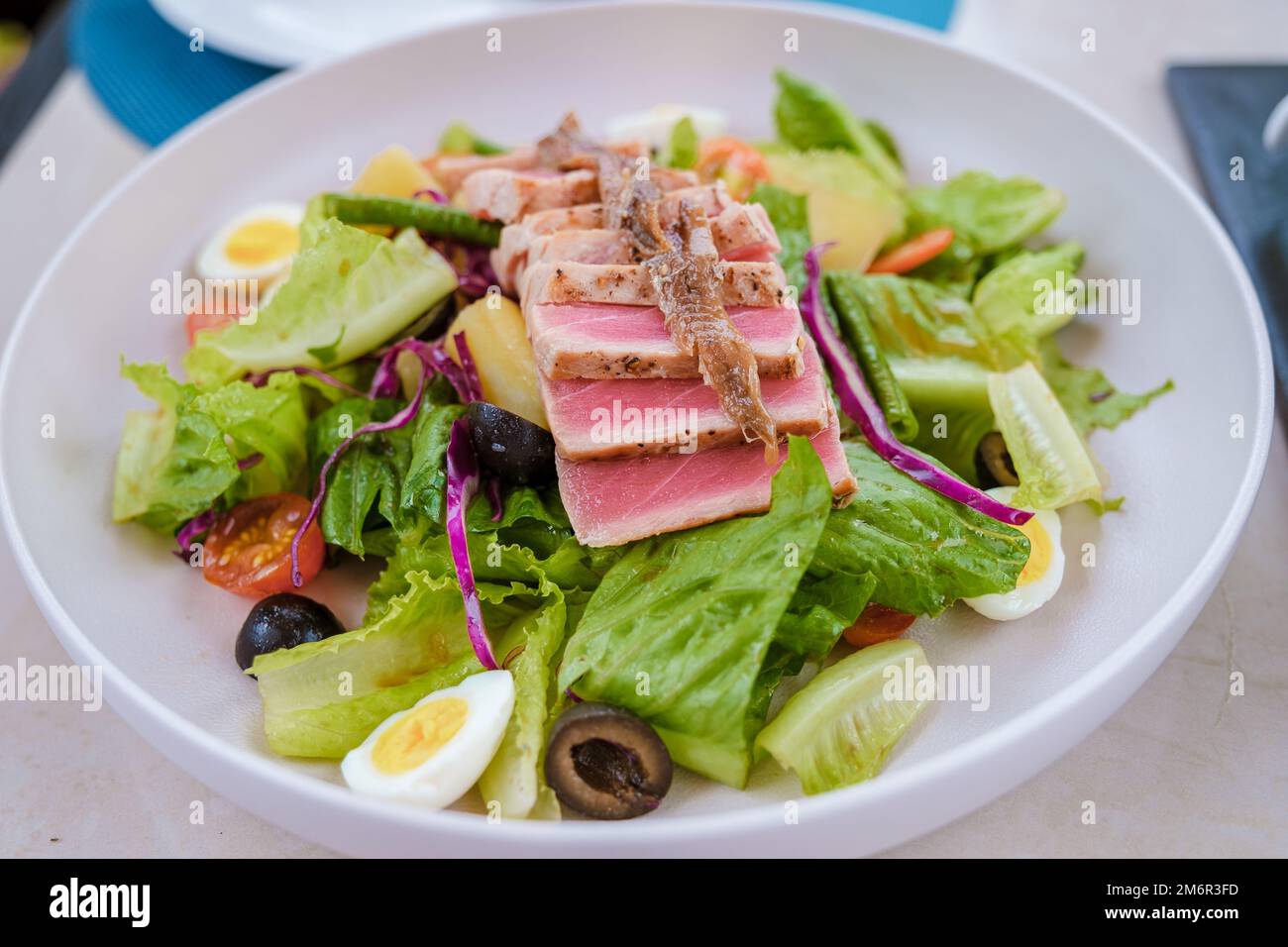 Thunfischsalat auf einem Teller mit Avacado und Vogelei Stockfoto