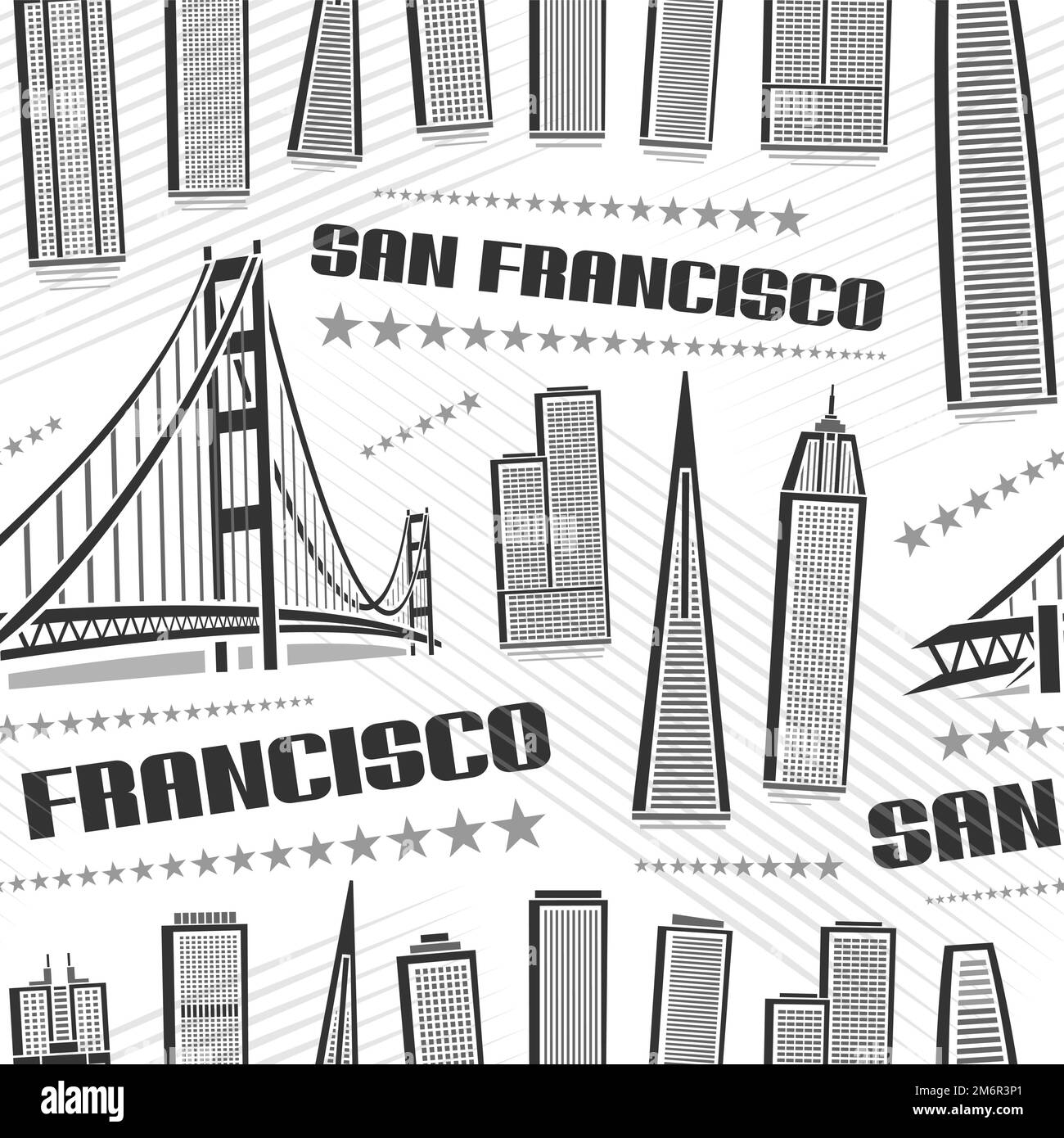 Vector San Francisco Seamless Pattern, sich wiederholender Hintergrund mit Illustration der berühmten amerikanischen Stadtlandschaft auf weißem Hintergrund für Geschenkpapier Li Stock Vektor