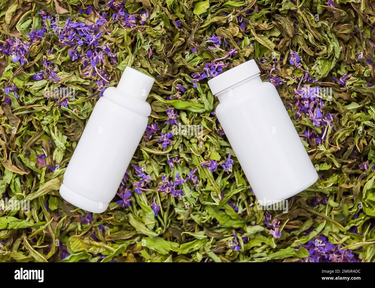 Weiße Kunststoffbehälter auf getrockneten Blüten der Pflanze Blooming sally, Epilobium angustifolium, Fireweed oder Rosebay Willowherb. Stockfoto