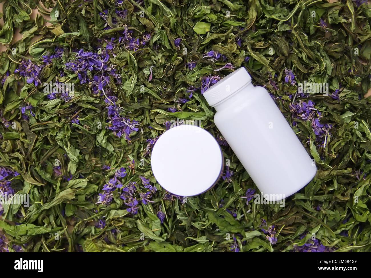 Weiße Kunststoffbehälter auf getrockneten Blüten der Pflanze Blooming sally, Epilobium angustifolium, Fireweed oder Rosebay Willowherb. Stockfoto