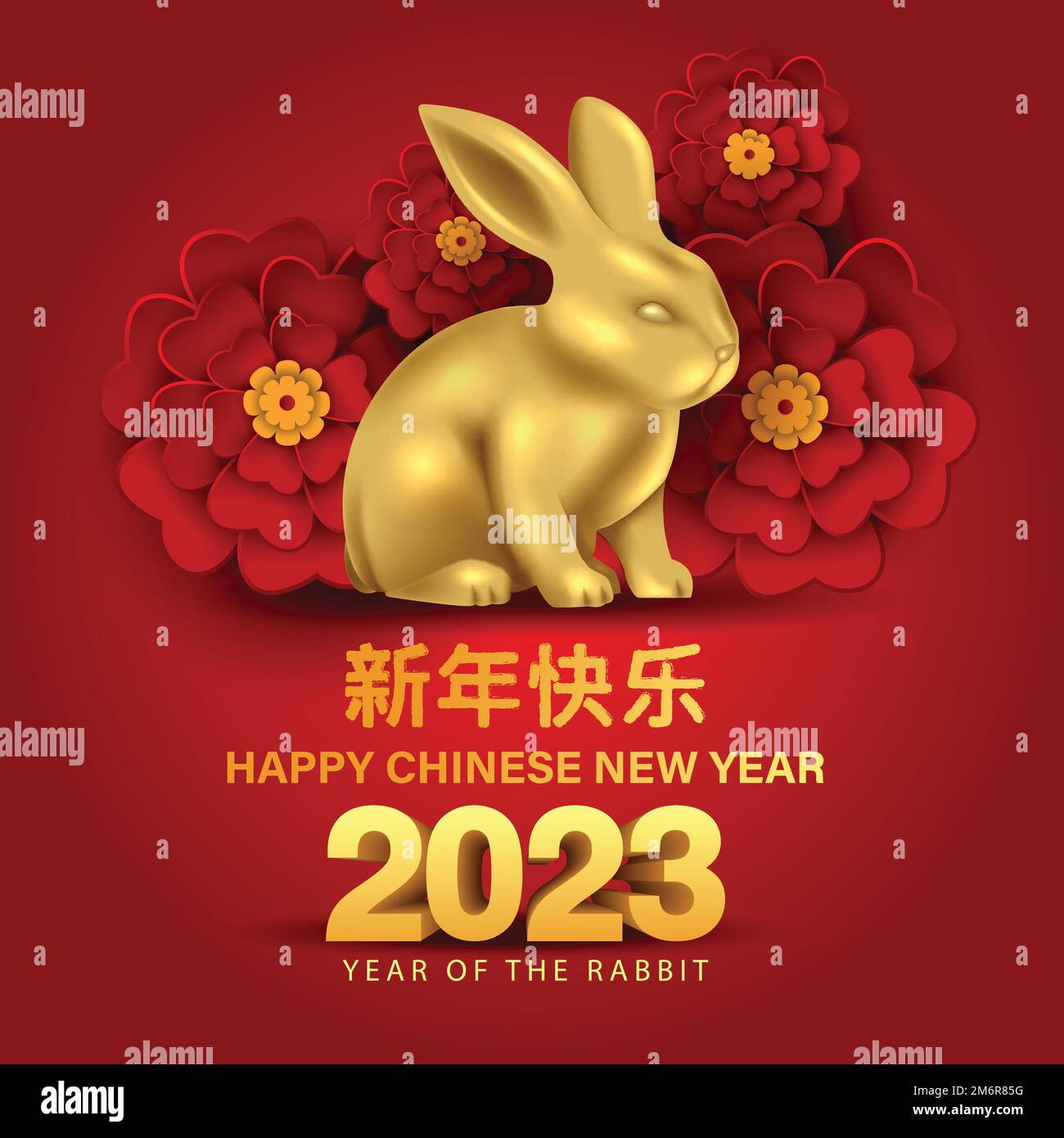 Frohes chinesisches Neujahr 2023 Jahr des Kaninchen-Zodiac Schild mit Blume 3D Buchstabe. Entwurf einer abstrakten Vektordarstellung (Übersetzung: Frohes neues Jahr) Stock Vektor
